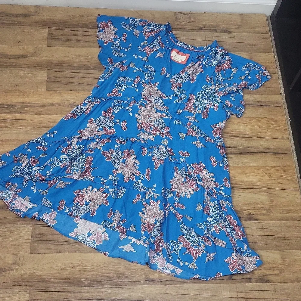 By ANTHROPOLOGIE Blue Robin Tiered Floral Mini Dress Size L - Picture 10 of 15